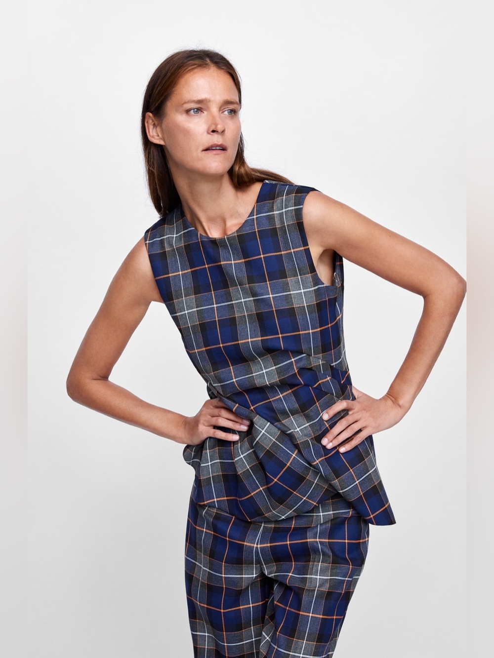Zara Woman Sleeveless Draped Plaid Top